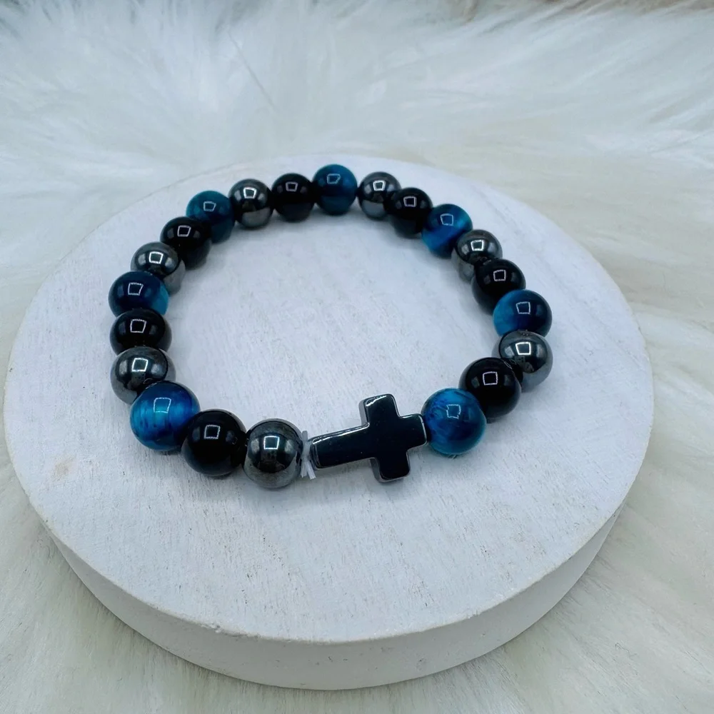 Tiger Eye mix, Blue and Black Beaded Cross Bracelet - Women’s Jewelry